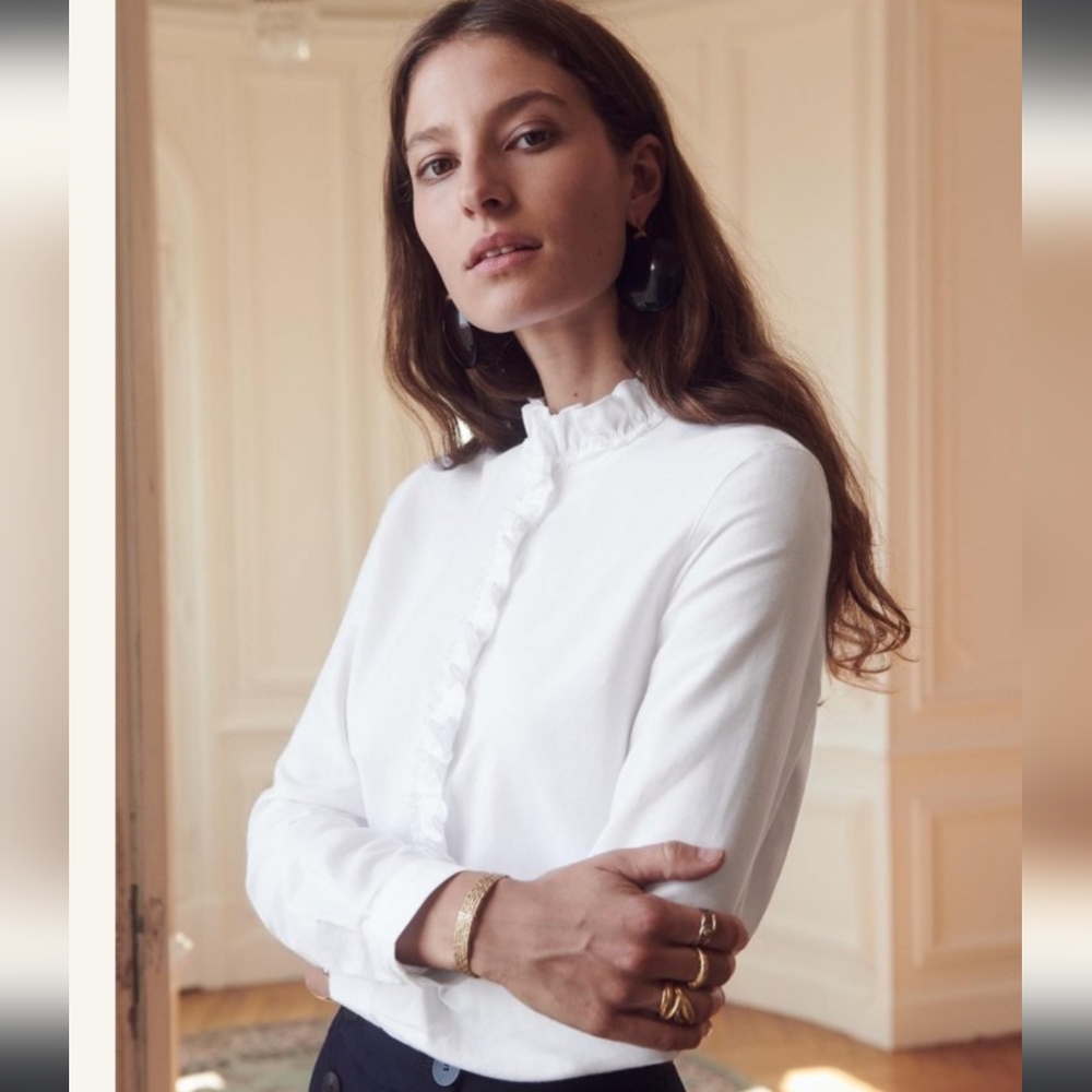 Sézane Solange Shirt White Ruffle Button Up Oxford Size 36 US 4